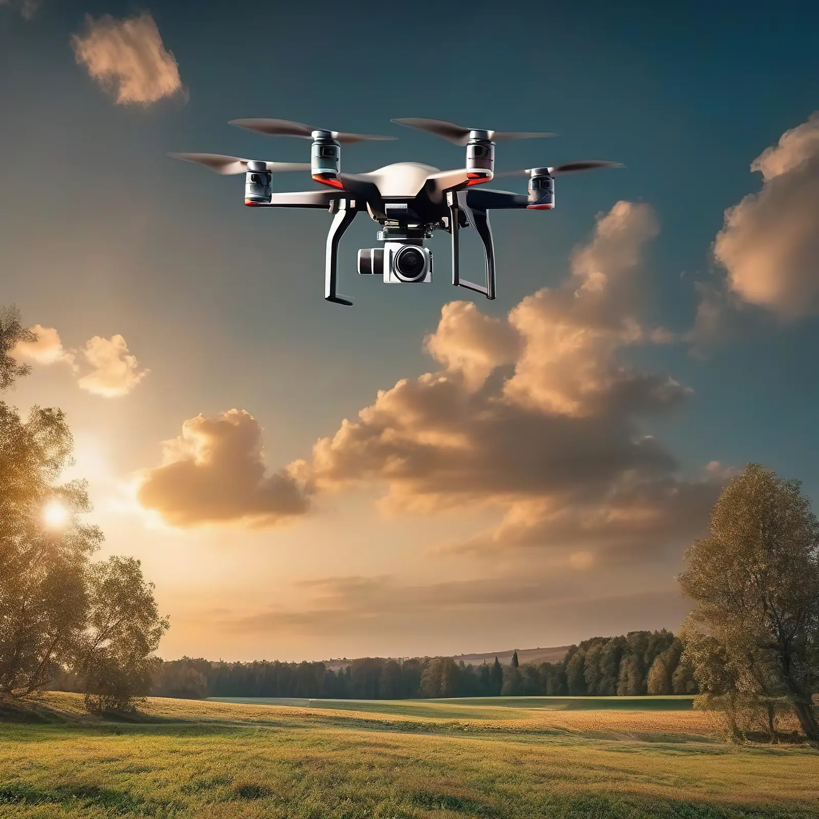 Drone flying over a green field